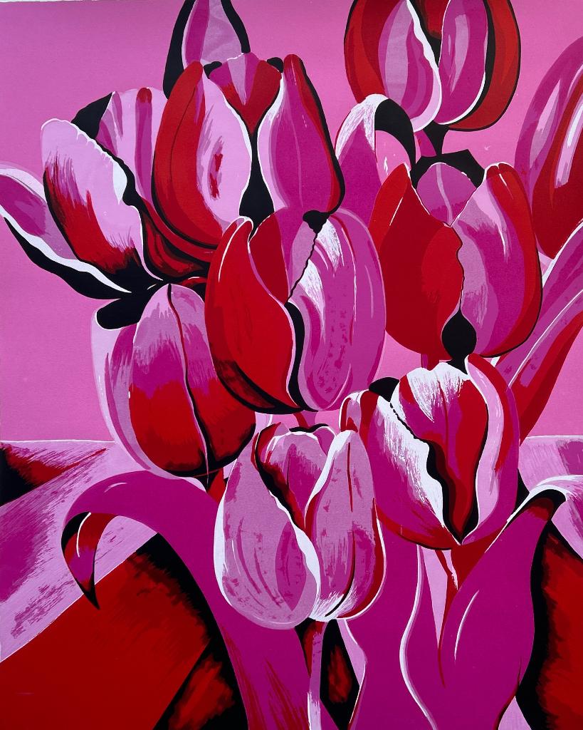 Zeefdruk Derox - Roze tulpen, Antiek en Kunst, Kunst | Litho's en Zeefdrukken, Verzenden