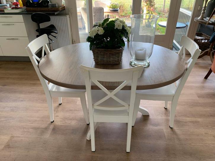 Ronde eettafel met tussenblad, Huis en Inrichting, Tafels | Eettafels, Gebruikt, 100 tot 150 cm, Vier personen, Rond, Eikenhout