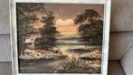 Olieverfschilderij Landschap met Huisje en Rivier, Antiek en Kunst, Kunst | Schilderijen | Klassiek, Ophalen of Verzenden