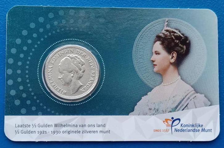 Wilhelmina ½ Gulden 1929 A in coincard, Postzegels en Munten, Munten | Nederland, Setje, ½ gulden, Koningin Wilhelmina, Zilver