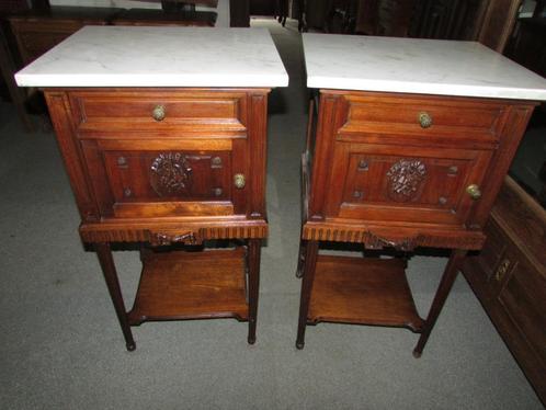 antiek set mahonie nachtkastjes wit marmer 395,00, Antiek en Kunst, Curiosa en Brocante, Ophalen of Verzenden