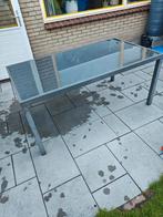 Donkere tafel met glasplaat, Ophalen, Gebruikt, Aluminium, 6 zitplaatsen