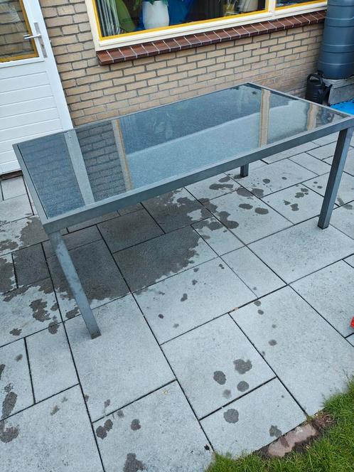 Donkere tafel met glasplaat, Tuin en Terras, Tuinsets en Loungesets, Gebruikt, Aluminium, 6 zitplaatsen, Ophalen
