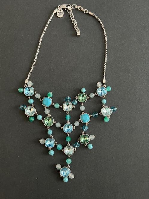 Dyrberg/Kern zilverkleurige trapezium ketting met turquoise, Sieraden, Tassen en Uiterlijk, Kettingen, Zo goed als nieuw, Overige materialen