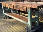 Robuuste werk-tafel, 5 lades, naturel, oudgroen, Antiek en Kunst, Curiosa en Brocante, Ophalen