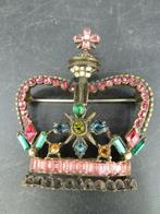 Vintage broche kroon met gekleurde steentjes, Sieraden, Tassen en Uiterlijk, Broches, Ophalen of Verzenden, Zo goed als nieuw