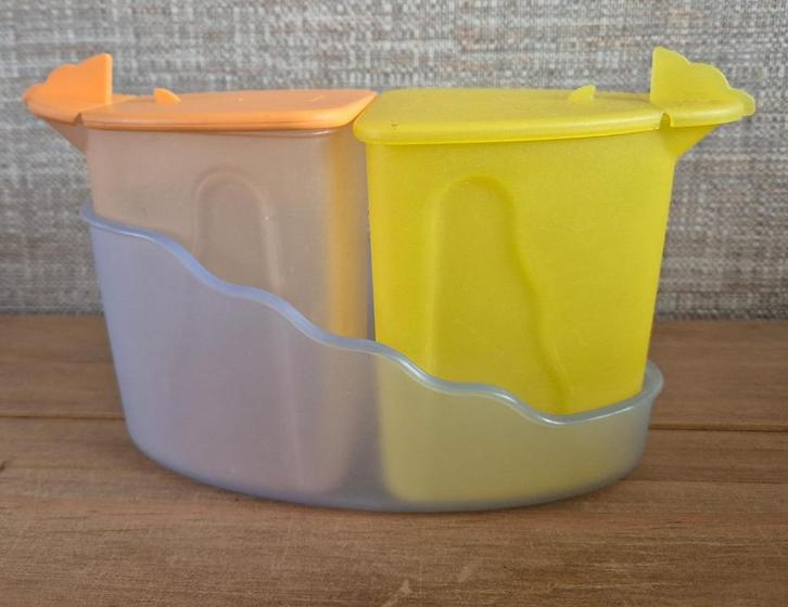 Tupperware trendy roomstel (suiker/melk) Blauw-Oranje-Geel, Huis en Inrichting, Keuken | Tupperware, Zo goed als nieuw, Overige typen