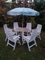 Complete kunststof tuinset met 6 stoelen en parasol, Tuin en Terras, Ophalen, Kunststof, Gebruikt, 6 zitplaatsen