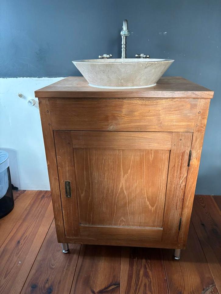 Teakhouten Badkamermeubel met Stenen Waskom, Huis en Inrichting, Badkamer | Badkamermeubels, Gebruikt, Wastafelkast, Minder dan 100 cm