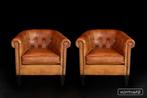 Gecapitonneerde chesterfield clubfauteuils in dik zadelleer, Huis en Inrichting, Fauteuils, Ophalen, Nieuw, 75 tot 100 cm, Leer