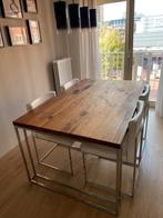 Eettafel massief hout met 4 leren stoelen, Huis en Inrichting, Ophalen, Gebruikt, 50 tot 100 cm, 150 tot 200 cm
