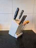 Messenblok met Wüsthof en Fissler messen, Ophalen, Gebruikt, Rvs of Chroom, Vaatwasserbestendig