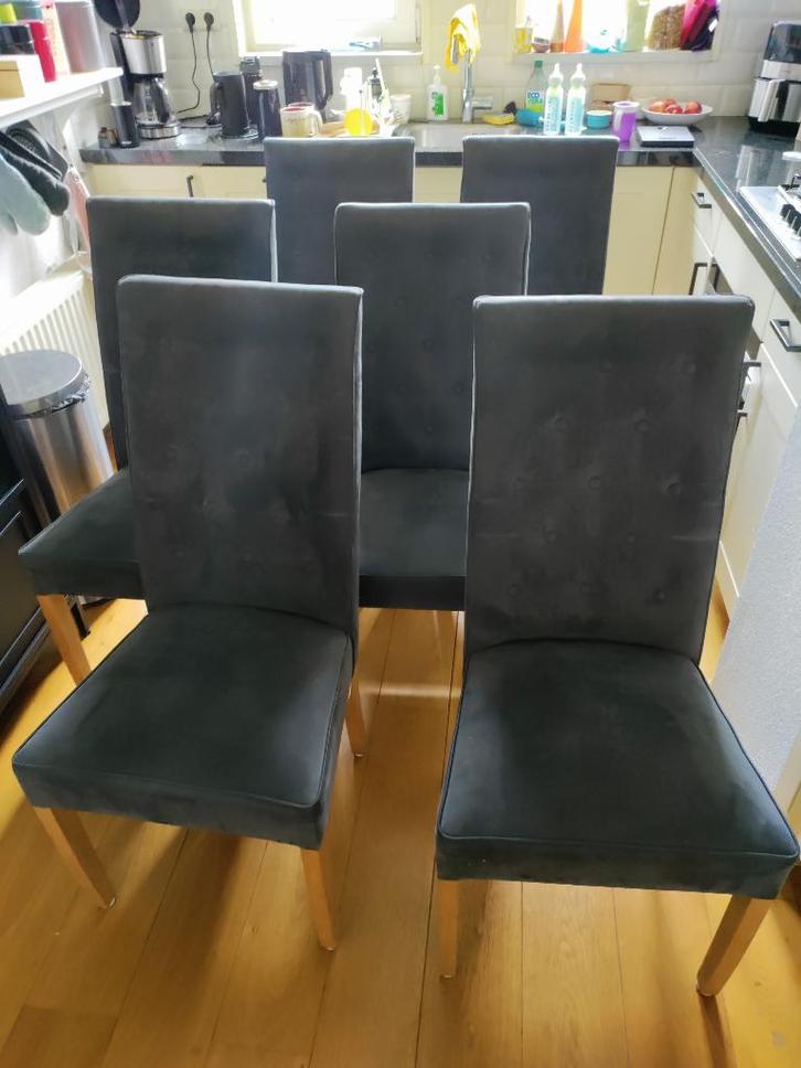 Eettafel stoelen 6x, Huis en Inrichting, Stoelen, Gebruikt, Vijf, Zes of meer stoelen, Hout, Stof, Grijs, Ophalen