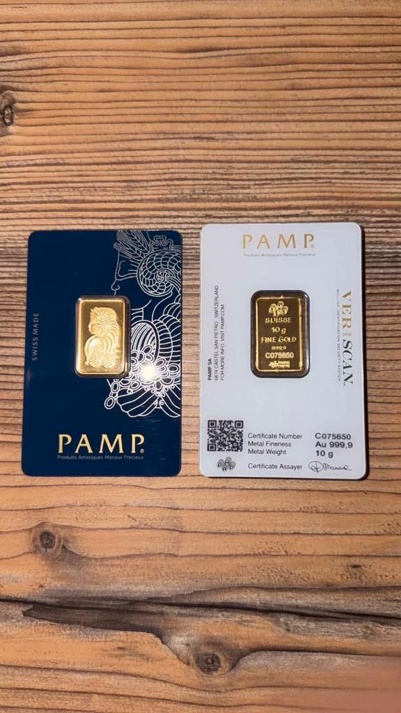 10g Gouden PAMP Suisse Bar - 999.9 Fijn Goud, Postzegels en Munten, Edelmetalen en Baren, Goud, Ophalen
