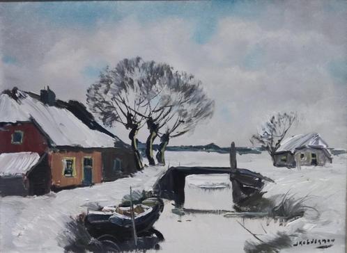 Jan Kelderman (1914-1990) -Winters landschap met boerderijen, Antiek en Kunst, Kunst | Schilderijen | Klassiek, Ophalen of Verzenden