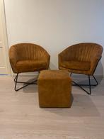 Set van 2 fauteuils met poef okergeel, Huis en Inrichting, Fauteuils, 75 tot 100 cm, Ophalen of Verzenden, Zo goed als nieuw, Metaal
