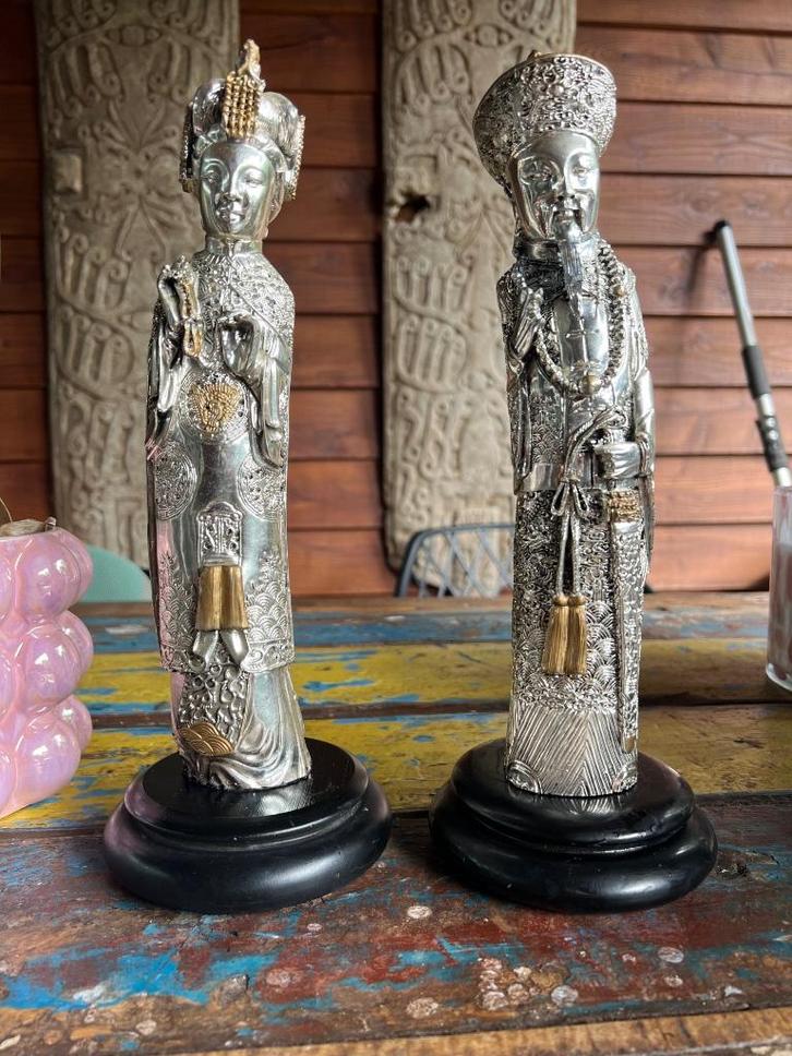 Chinese keizer en keizerin Chinees hars verzilverd vintage, Verzamelen, Beelden en Beeldjes, Gebruikt, Mens, Ophalen of Verzenden