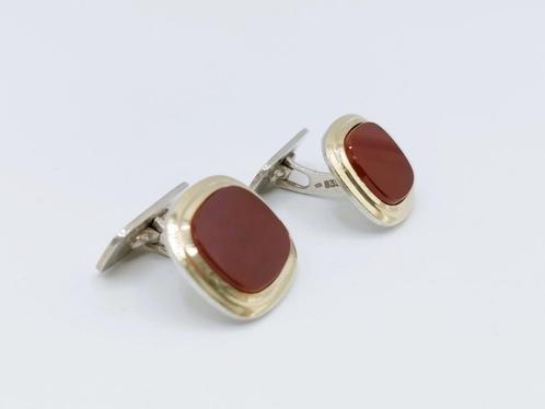Zilveren manchetknopen met carneool, gratis verzending!, Sieraden, Tassen en Uiterlijk, Manchetknopen, Gebruikt, Zilver, Verguld
