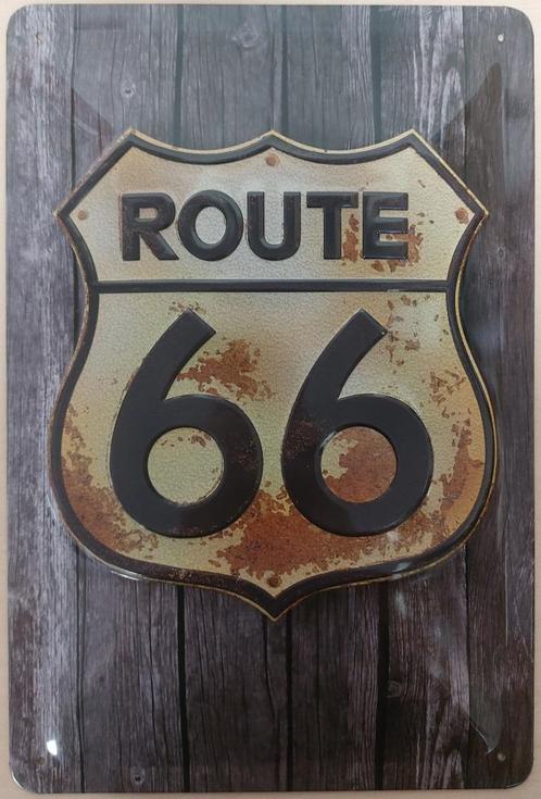 Route 66 wood look relief reclamebord van metaal wanddeco, Huis en Inrichting, Woonaccessoires | Wanddecoraties, Nieuw, Verzenden
