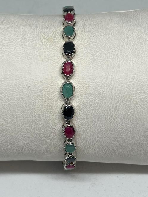Zilveren armband met natuurlijke robijn , smaragd en saffier, Sieraden, Tassen en Uiterlijk, Antieke sieraden, Armband, Zilver
