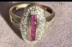 ART DECO ANTIEKE GOUDEN RING MET 5 ROBIJNEN EN DIAMANTEN, Sieraden, Tassen en Uiterlijk, Ringen, Ophalen of Verzenden, Zo goed als nieuw