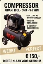 Krachtige KIBANI Compressor 100L - 230V – 3PK – V-Twin, Doe-het-zelf en Verbouw, Compressors, Ophalen, Zo goed als nieuw, 200 tot 400 liter/min