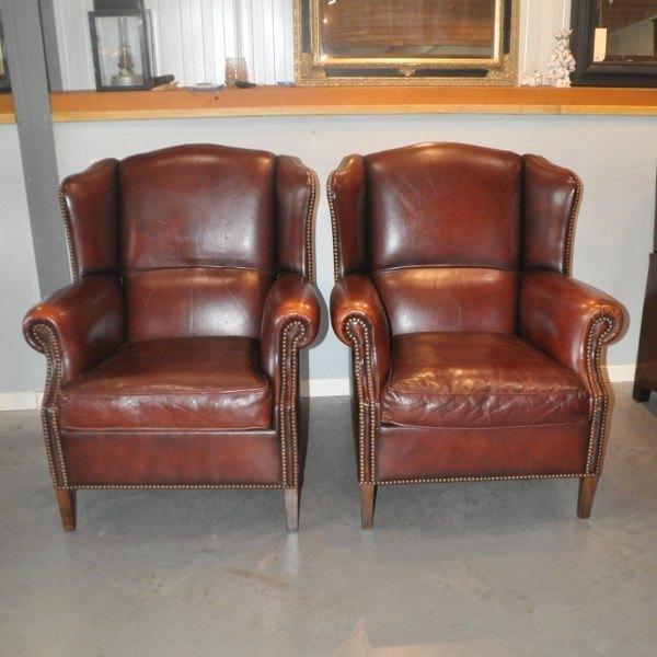 Set schapenleren oorfauteuils Muylaert, Huis en Inrichting, Fauteuils, Zo goed als nieuw, Leer, 75 tot 100 cm, Ophalen of Verzenden