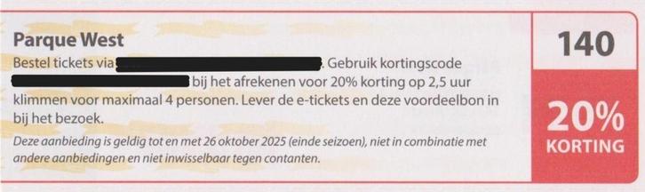 Parque West, Utrecht. 20% korting Postcodeloterij bon nr 140, Tickets en Kaartjes, Recreatie | Pretparken en Attractieparken, Drie personen of meer