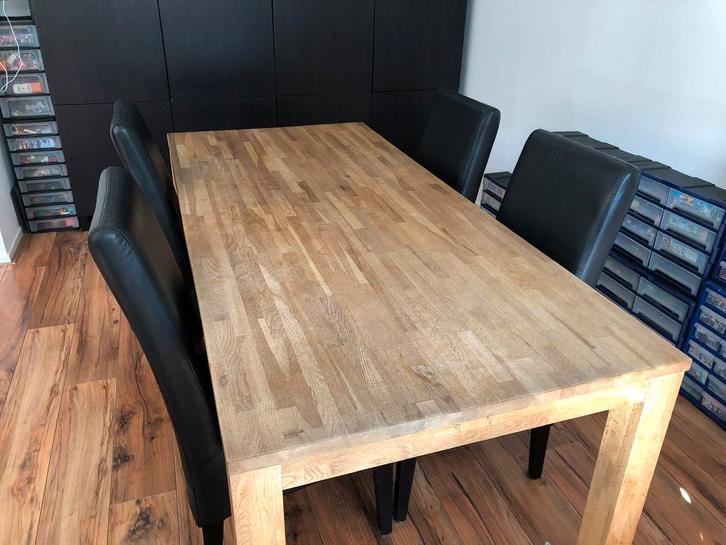 Massief eikenhouten tafel (200 bij 90) en 4 leren stoelen, Huis en Inrichting, Complete eetkamers, Gebruikt, Ophalen