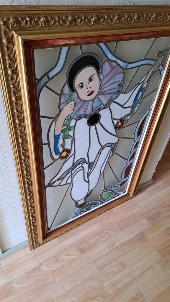 Goot glas in Lood Raam - Pierrot, Antiek en Kunst, Antiek | Glas en Kristal, Ophalen