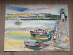 Aquarel Freek van den Berg - Bretonse haven met vuurtoren, Antiek en Kunst, Ophalen
