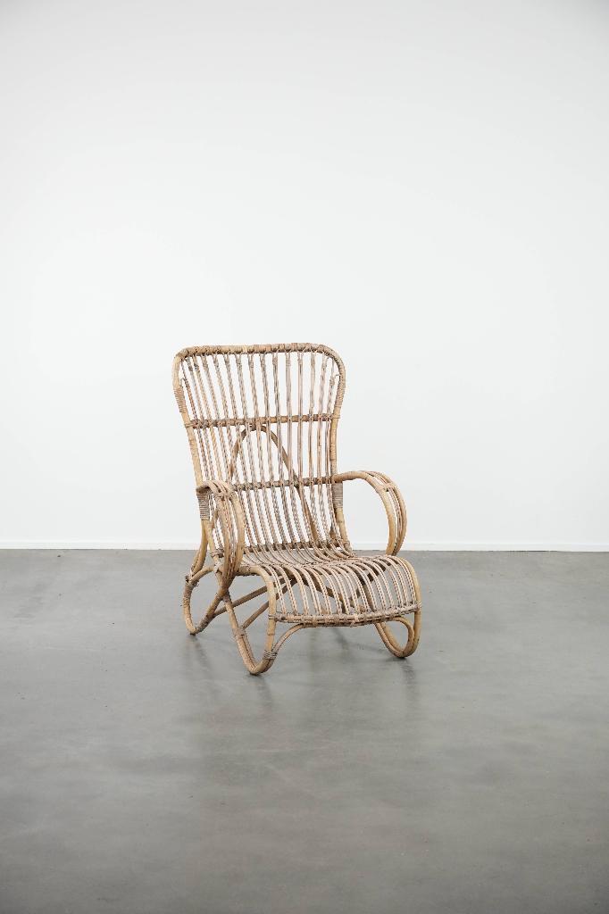 Dutch design rotan fauteuil uit de jaren ’50 met hoge rug, Huis en Inrichting, Fauteuils, Gebruikt, Riet of Rotan, 50 tot 75 cm