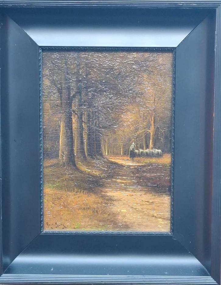 G.v.d.Burg, Schaapsherder met kudde. Olie/paneel. Ca 1930., Antiek en Kunst, Kunst | Schilderijen | Klassiek, Ophalen