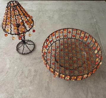 Vintage schaal en lampje voor waxinelichtje, oranje stenen beschikbaar voor biedingen
