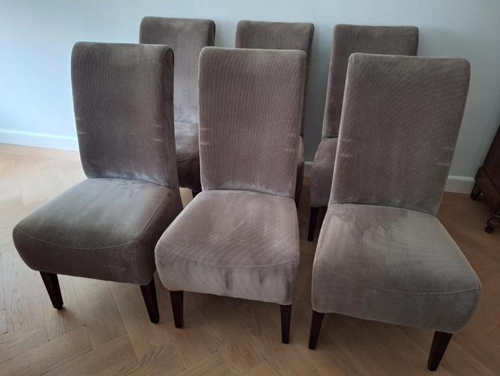 Zes hoge eetkamerstoelen ribstof taupe, Huis en Inrichting, Stoelen, Gebruikt, Vijf, Zes of meer stoelen, Stof, Overige kleuren