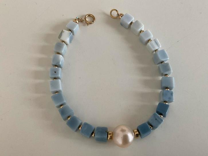 18 karaat Gouden armband met parel en 22 opalen 18/5 lamg, Sieraden, Tassen en Uiterlijk, Armbanden, Zo goed als nieuw, Goud, Met edelsteen