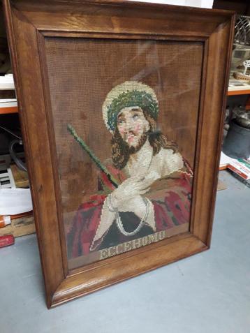 ANTIEK GEBORDUURD SCHILDERIJ ACHTER GLAS in ANTIEKE LIJST  beschikbaar voor biedingen