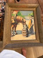 Oude schilderij met paard en man bij een vat, Ophalen of Verzenden