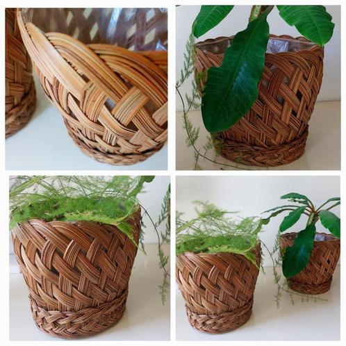 Vintage bloempotten pitriet riet gevlochten set van 2, Verzamelen, Retro, Huis en Inrichting, Ophalen
