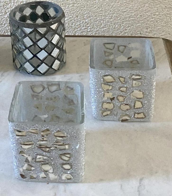 waxinelicht houders retro mozaïek van glas, hout, kandelaar, Huis en Inrichting, Woonaccessoires | Kandelaars en Kaarsen, Zo goed als nieuw