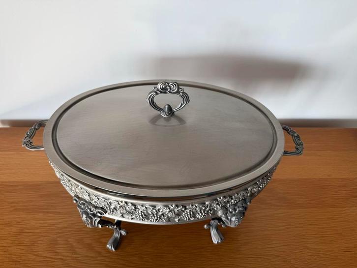 Antieke verzilverde Rechaud met Glazen ovale ovenschaal, Antiek en Kunst, Antiek | Tin, Ophalen of Verzenden