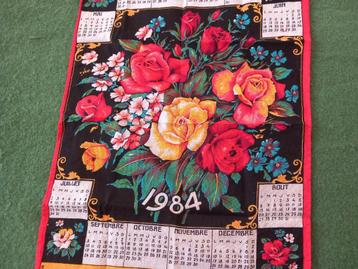vintage Franse theedoek, katoen overdoek, jaarkalender, 1984 beschikbaar voor biedingen
