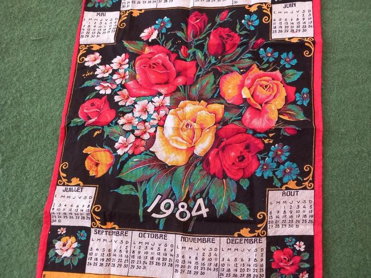vintage Franse theedoek, katoen overdoek, jaarkalender, 1984, Antiek en Kunst, Curiosa en Brocante, Verzenden