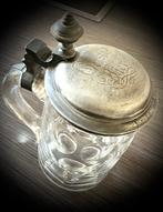 Antiek bier glas Bierpul kristal deksel tin schrift curiosa, Verzenden