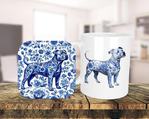 Staffordshire Bull Terrier Delfts Blauw set, Huis en Inrichting, Keuken | Servies, Nieuw, Kop(pen) en/of Schotel(s), Overige stijlen