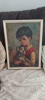 Vintage Schilderij: Jongen met Hondje, Ophalen of Verzenden