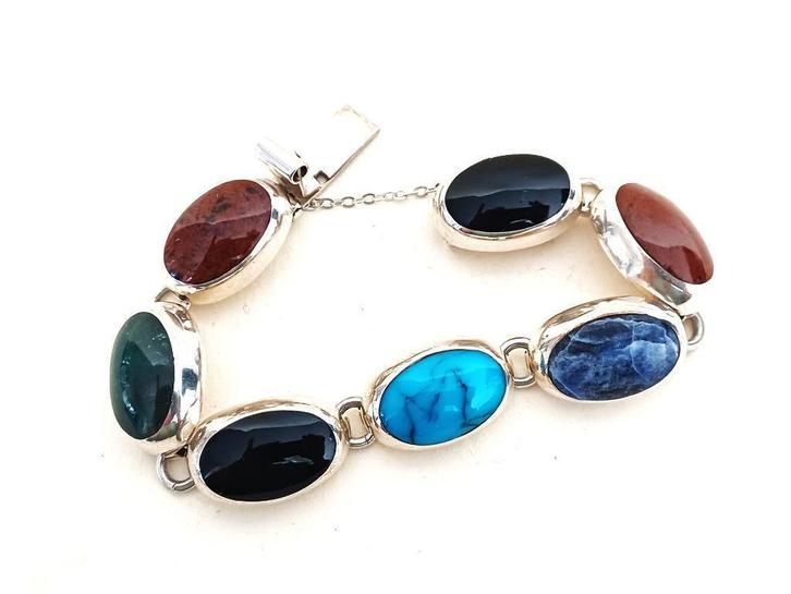 Brede armband Zilver  925, Mexico, mid-century, Sieraden, Tassen en Uiterlijk, Antieke sieraden, Armband, Zilver, Met edelsteen