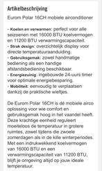 EUROM Mobiele Airco Polar 16CH - Topconditie!, Witgoed en Apparatuur, Airco's, Ophalen, Minder dan 60 m³, 3 snelheden of meer