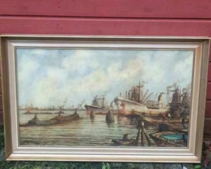 groot   schilderij Haven Rotterdam Wim Bos (1906-1974), Antiek en Kunst, Kunst | Schilderijen | Klassiek, Ophalen