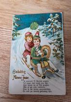 Antieke kerstkaart - Kinderen op slee met hoefijzer - goud, Verzenden, Voor 1920, Gelopen, Feest(dag)